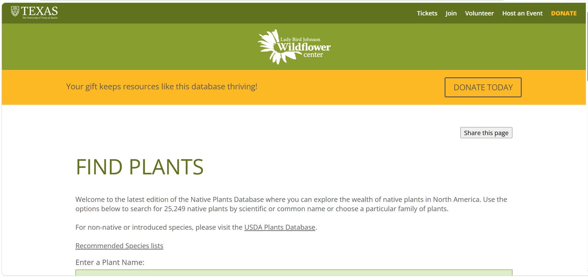 Lady Bird Johnson Wildflower Center Native Plant Database