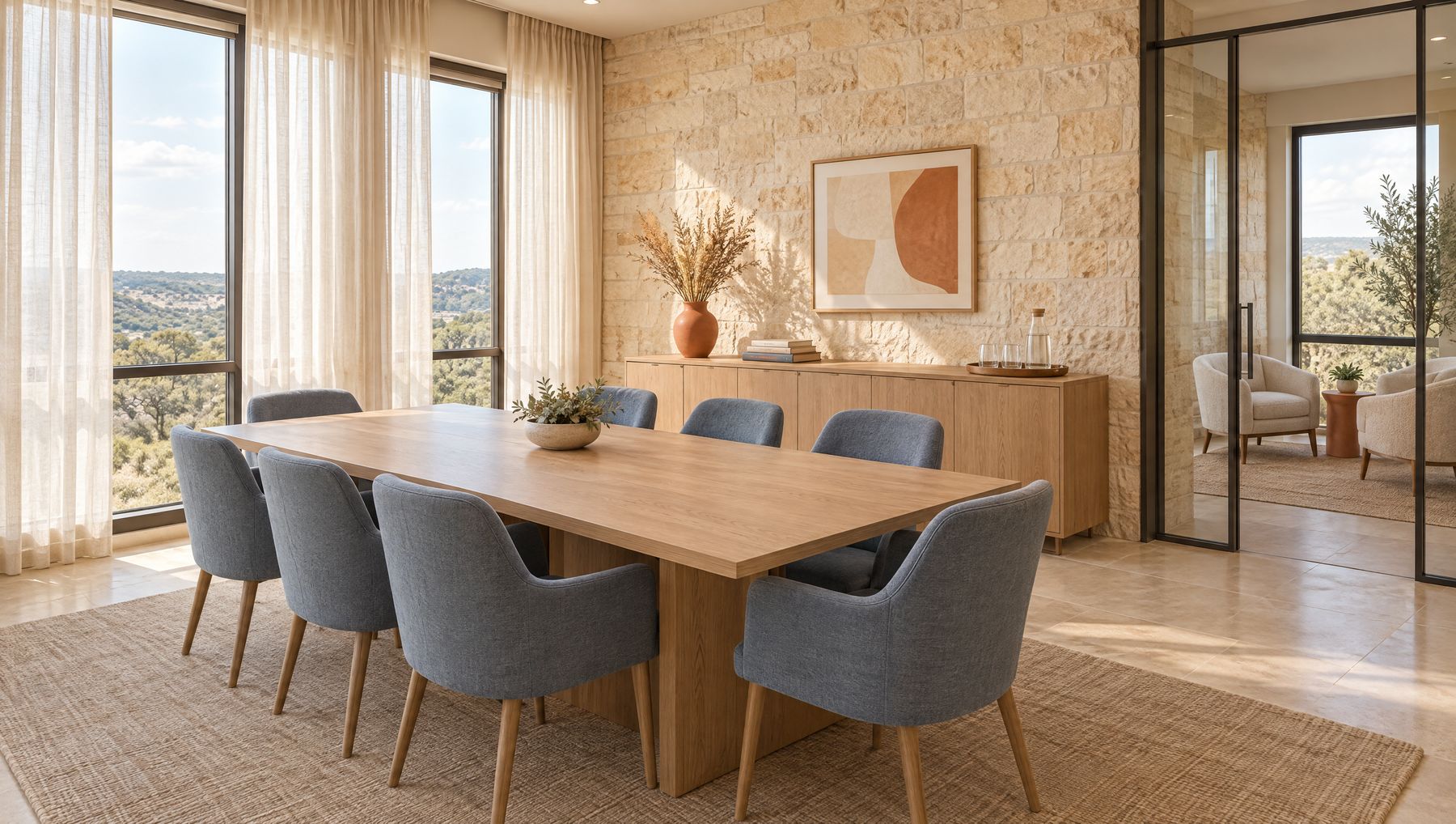 The mediation suite: oak conference table, slate-blue chairs, limestone wall and a glass-walled caucus room